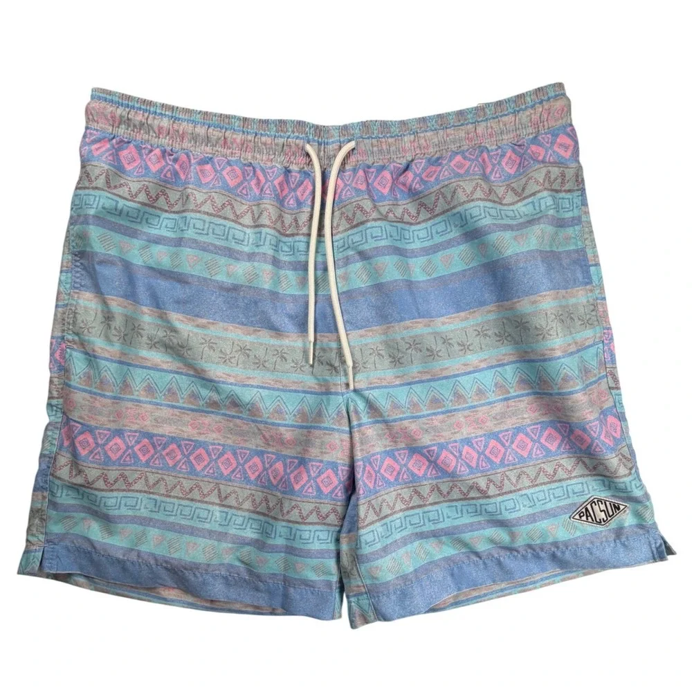 PacSun Mens Swim Trunks Blue Pink Tribal Geometric Palm Tree Board Shorts Size M
